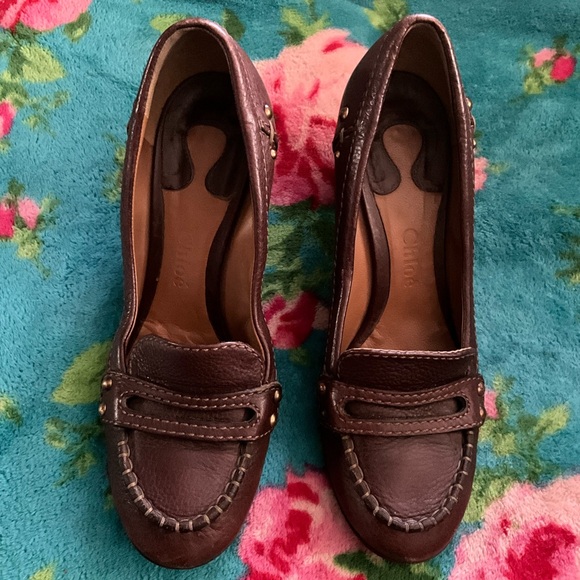 Chloe brown leather stacked heel loafers with brass stud details 8.5 $475 - Picture 1 of 8